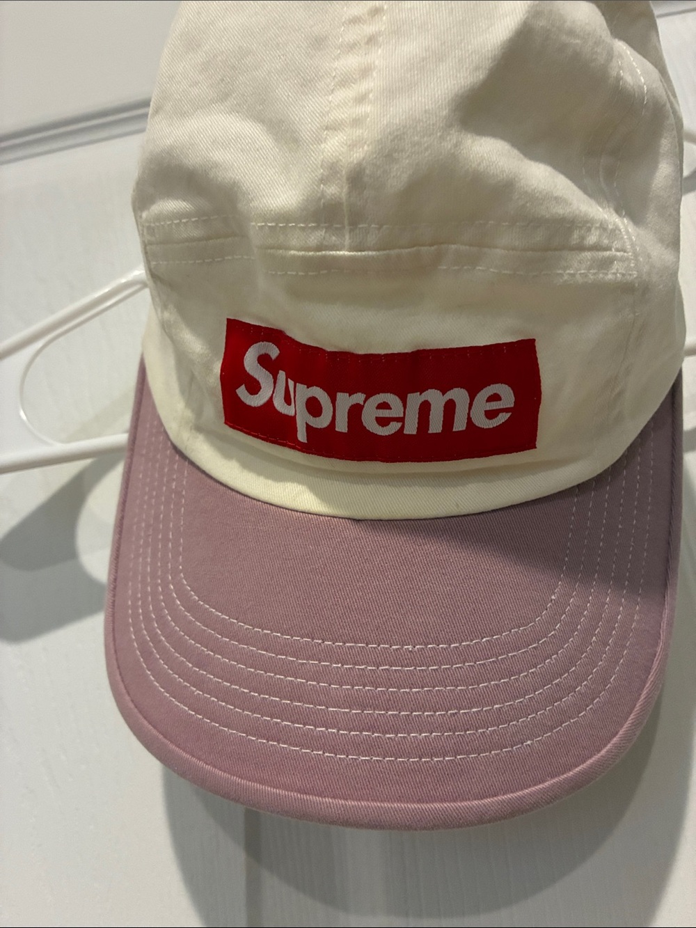 Supreme Cream Cap with Dusty Pink Brim and Red Box Logo